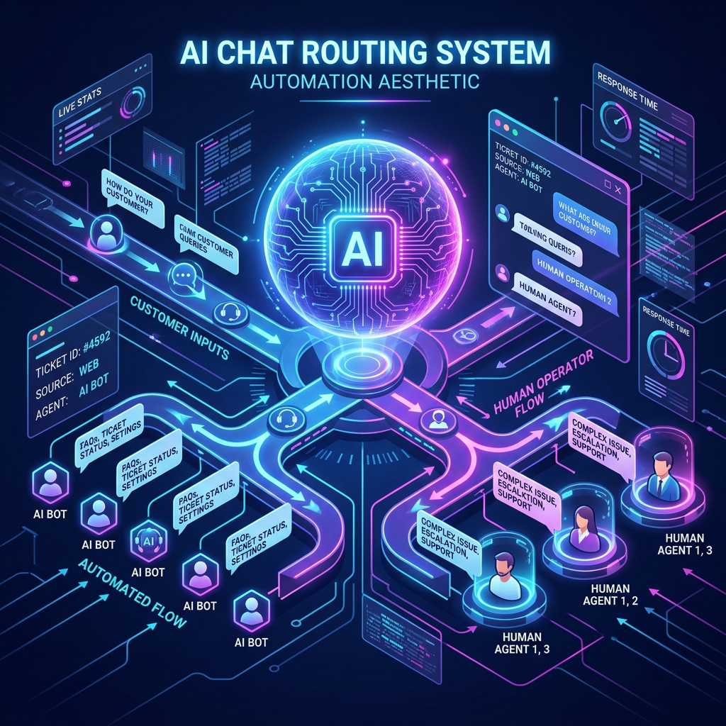 Chat interface with an AI assistant bubble routing a conversation between automated and human agents