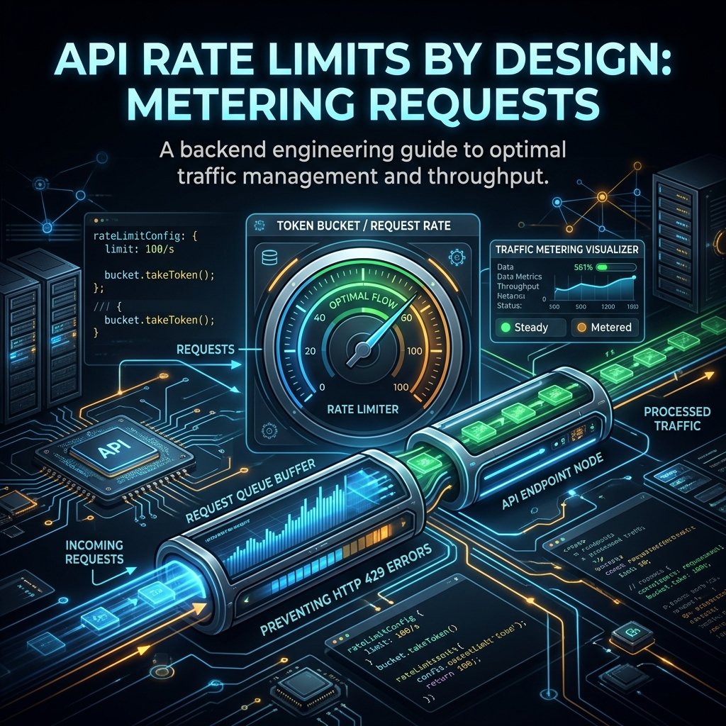 Title 'API Rate Limits by Design: Metering Requests' above a dashboard-style illustration of a token-bucket rate-limiter gauge, a request queue buffer, and processed traffic flowing to an API endpoint