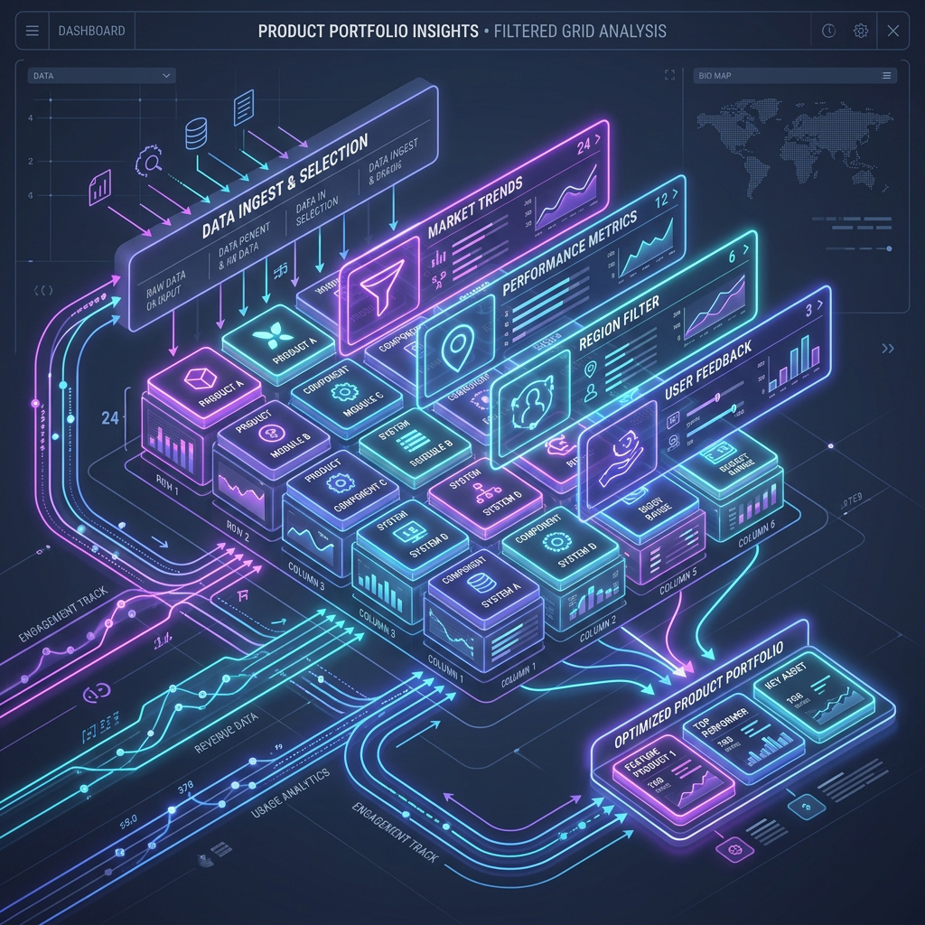 Product grid overlaid with layered filter panels narrowing down by category and brand