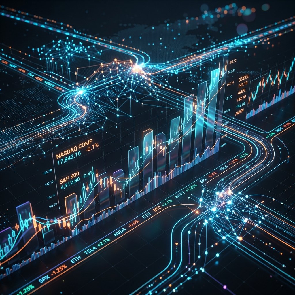 Glowing green and blue stock charting data streams converging into a single central node