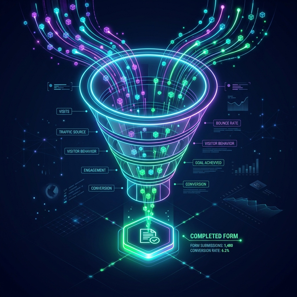Conversion funnel diagram showing traffic narrowing from ad click to completed form