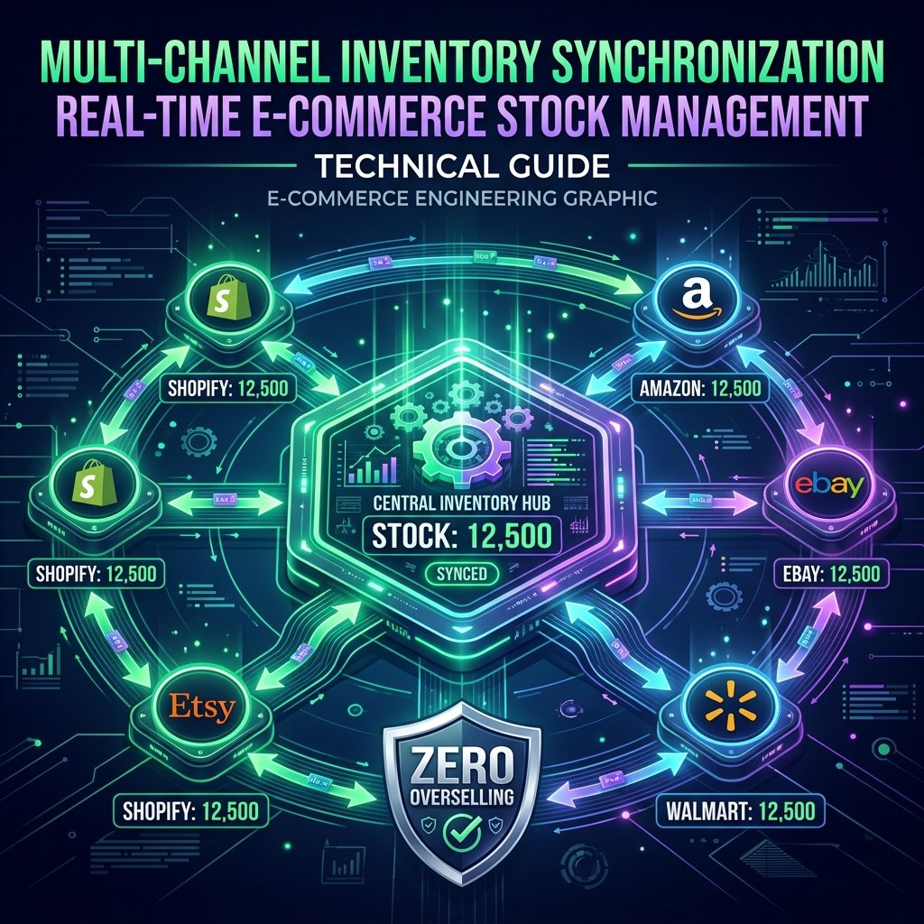Title 'Multi-Channel Inventory Synchronization' above a diagram of a central inventory hub pushing one matching stock count out to several e-commerce marketplace channels, with a 'zero overselling' shield