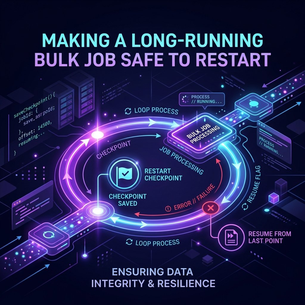 Futuristic glowing data pipeline process loop showing restart checkpoint