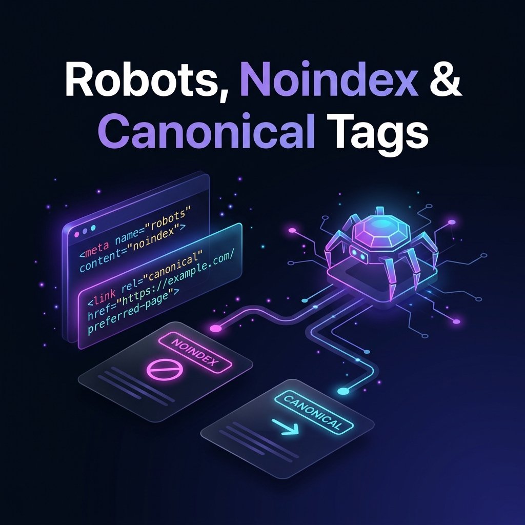 Title 'Robots, Noindex & Canonical Tags' above an isometric illustration of a crawler bot wired to code panels showing a robots noindex meta tag and a rel=canonical link, plus noindex and canonical document cards