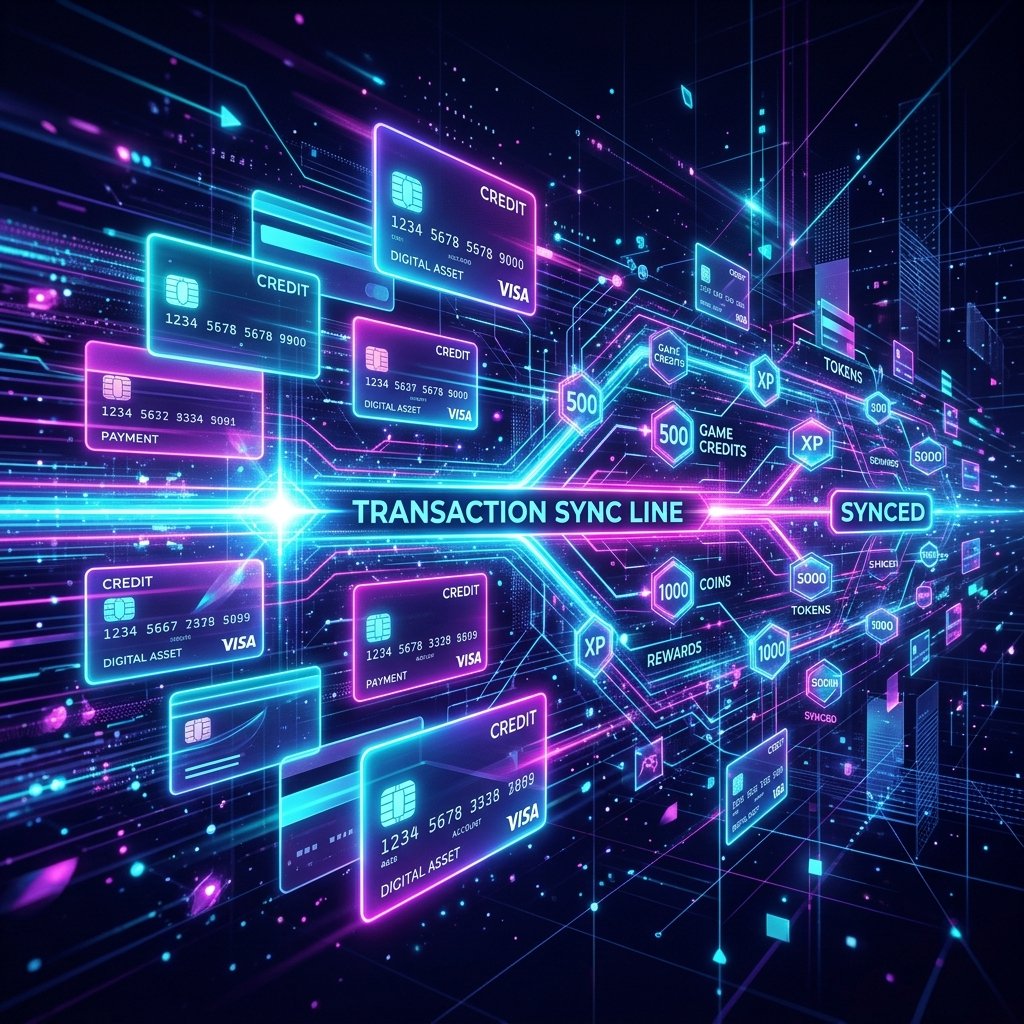 Glowing digital credit cards and neon game recharge transaction nodes syncing data across multiple networks