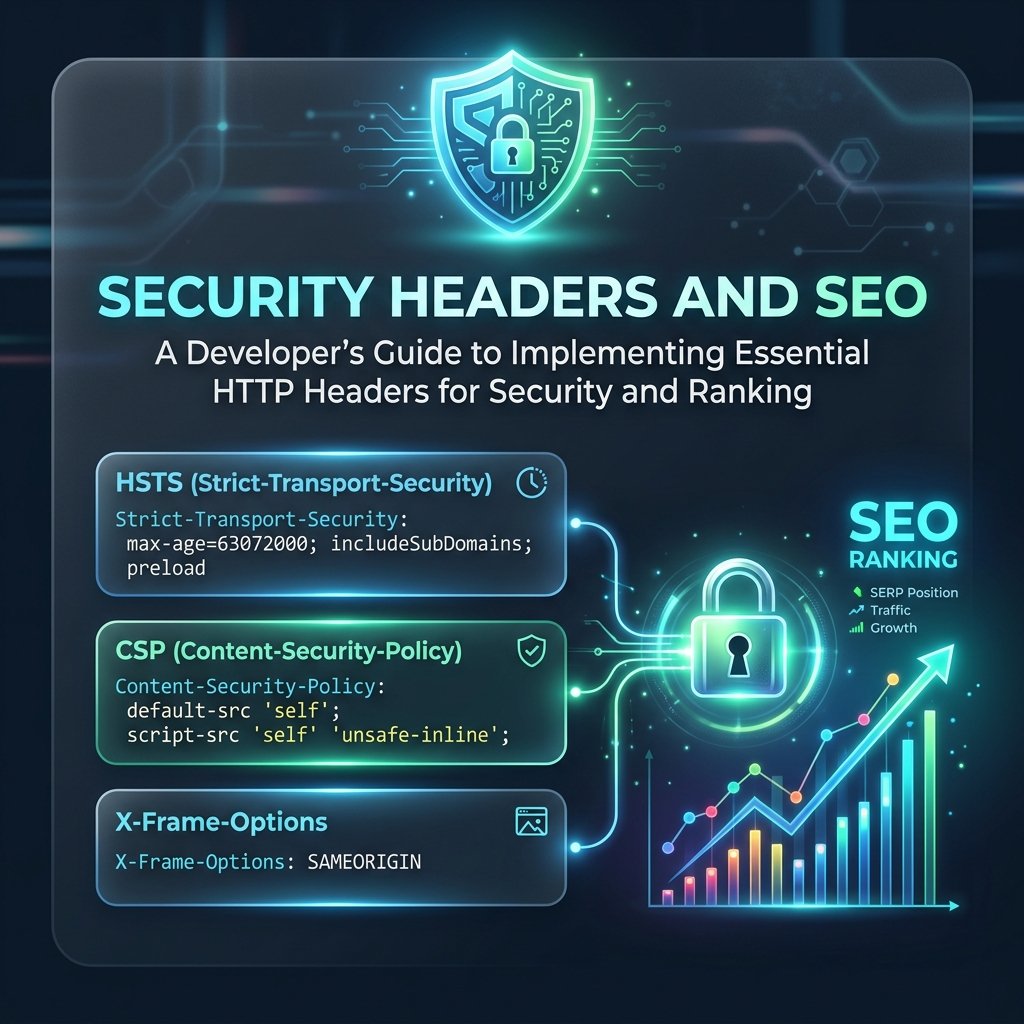Title 'Security Headers and SEO' above a shield-and-padlock icon, example HSTS, Content-Security-Policy and X-Frame-Options header snippets, and a rising SEO ranking bar chart