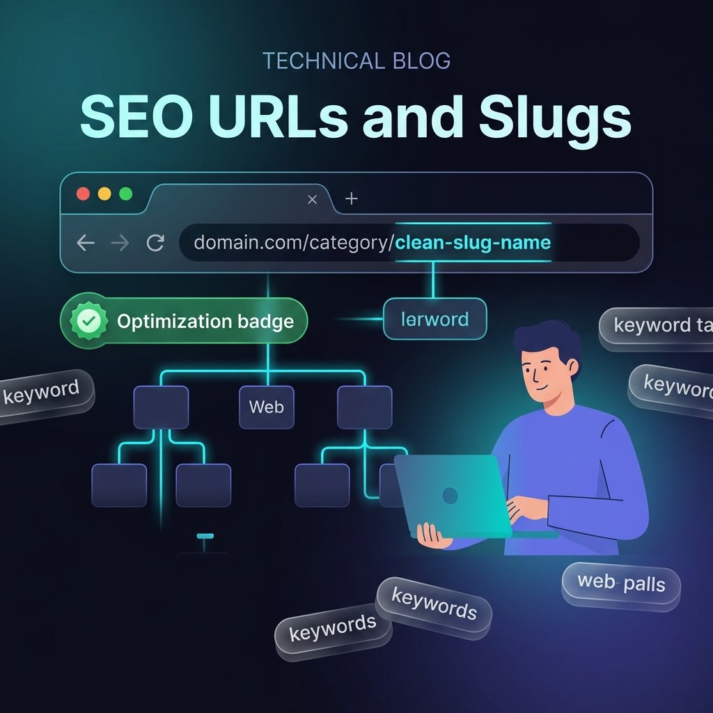 Title 'SEO URLs and Slugs' above a browser address bar highlighting a clean slug, a branching site-structure tree, and a person working on a laptop