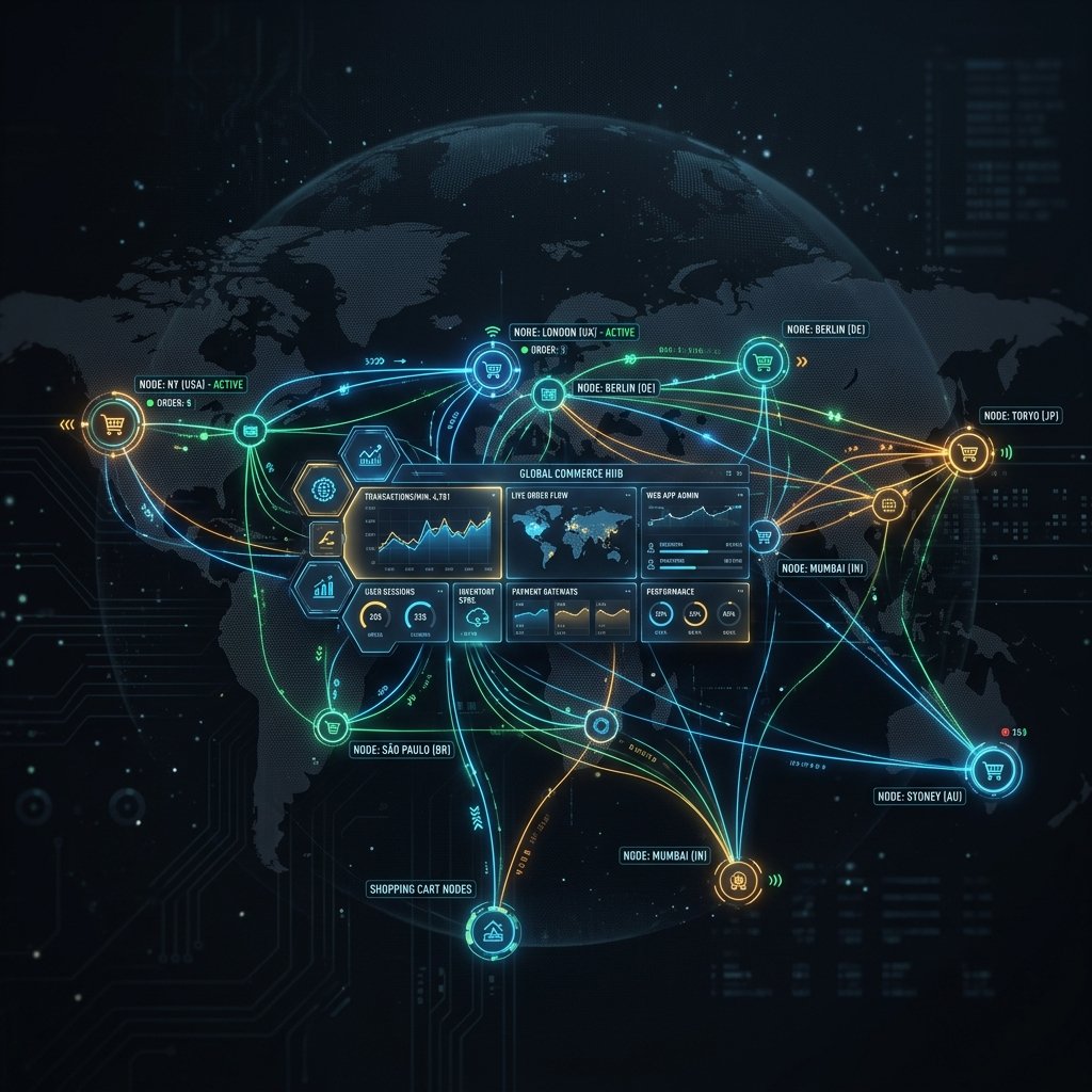 Remix and Shopify logo components forming a modular glowing sync dashboard connecting to global marketplaces