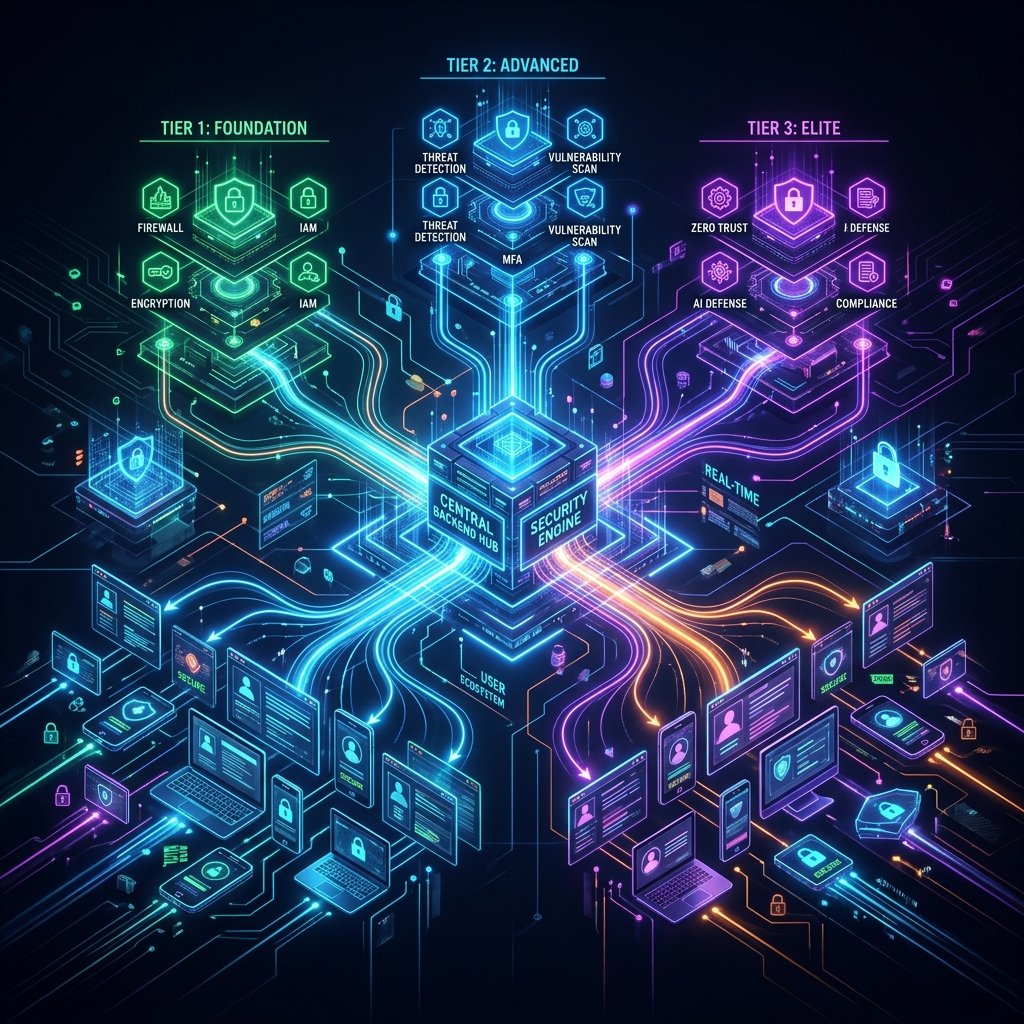 Abstract SaaS multi-tenancy concept showing multiple access tiers controlled by a single unified gateway