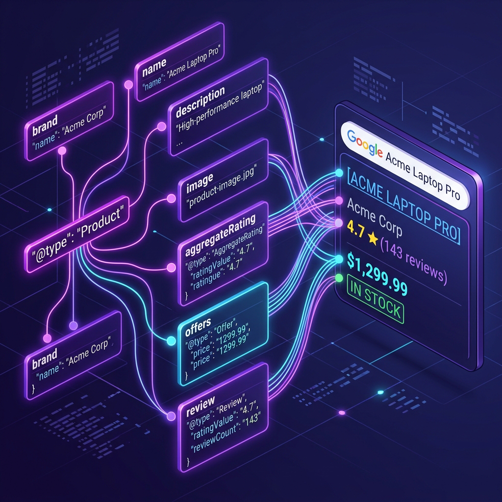 Connected graph nodes representing linked JSON-LD schema entities feeding into a search result card