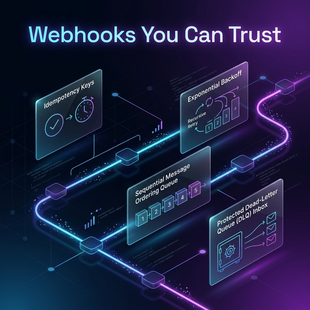 Title 'Webhooks You Can Trust' above an isometric flow of panels for idempotency keys, exponential-backoff retries, a sequential message-ordering queue, and a protected dead-letter queue
